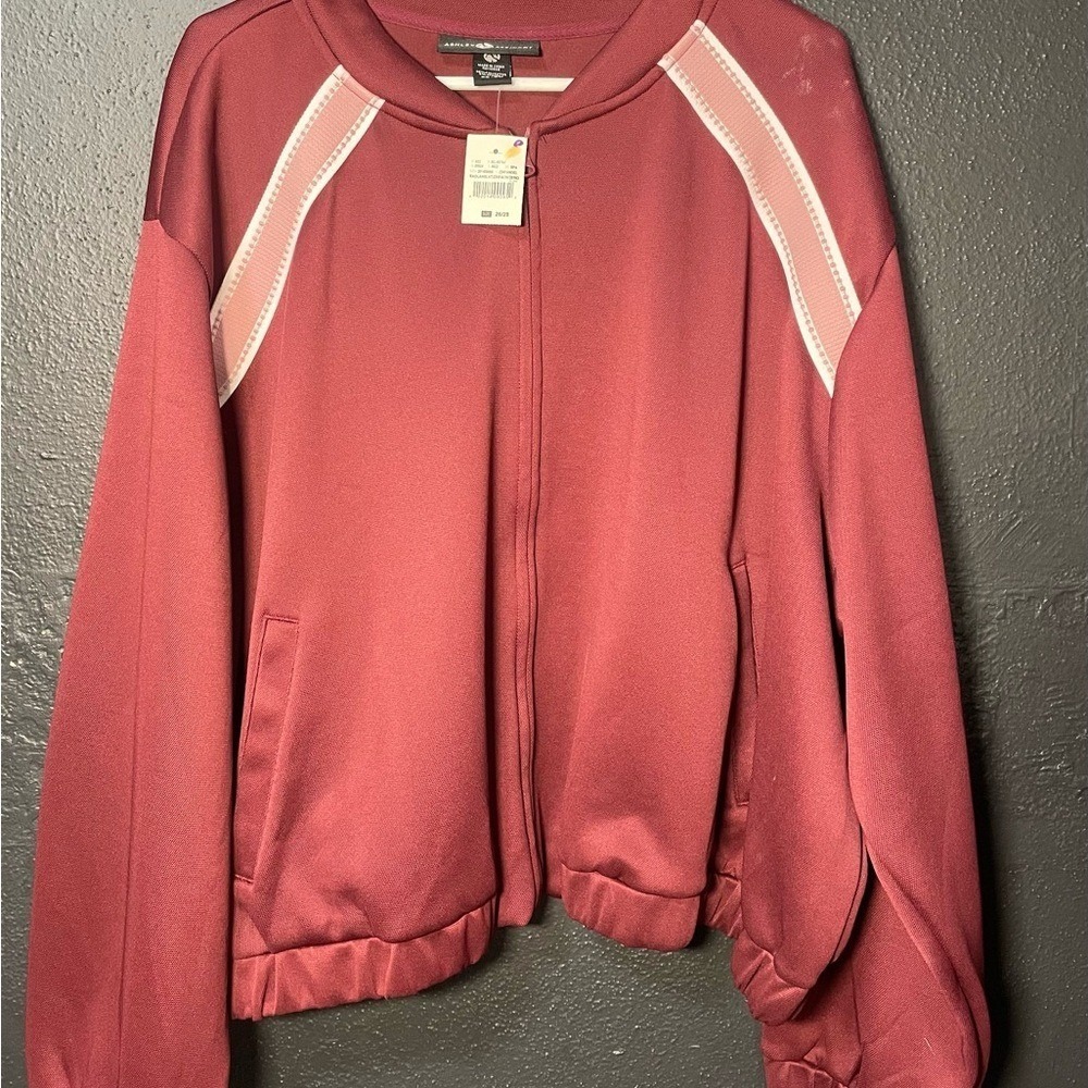 Ashley Stewart Burgundy Zip Front Bomber Jacket Athletic Trim Plus Size 26 28